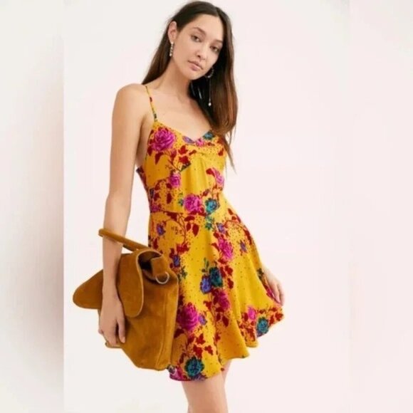 Free People Dresses & Skirts - FREE PEOPLE Never Be Mine Floral Cute Yellow mini  Slip Dress in size XS